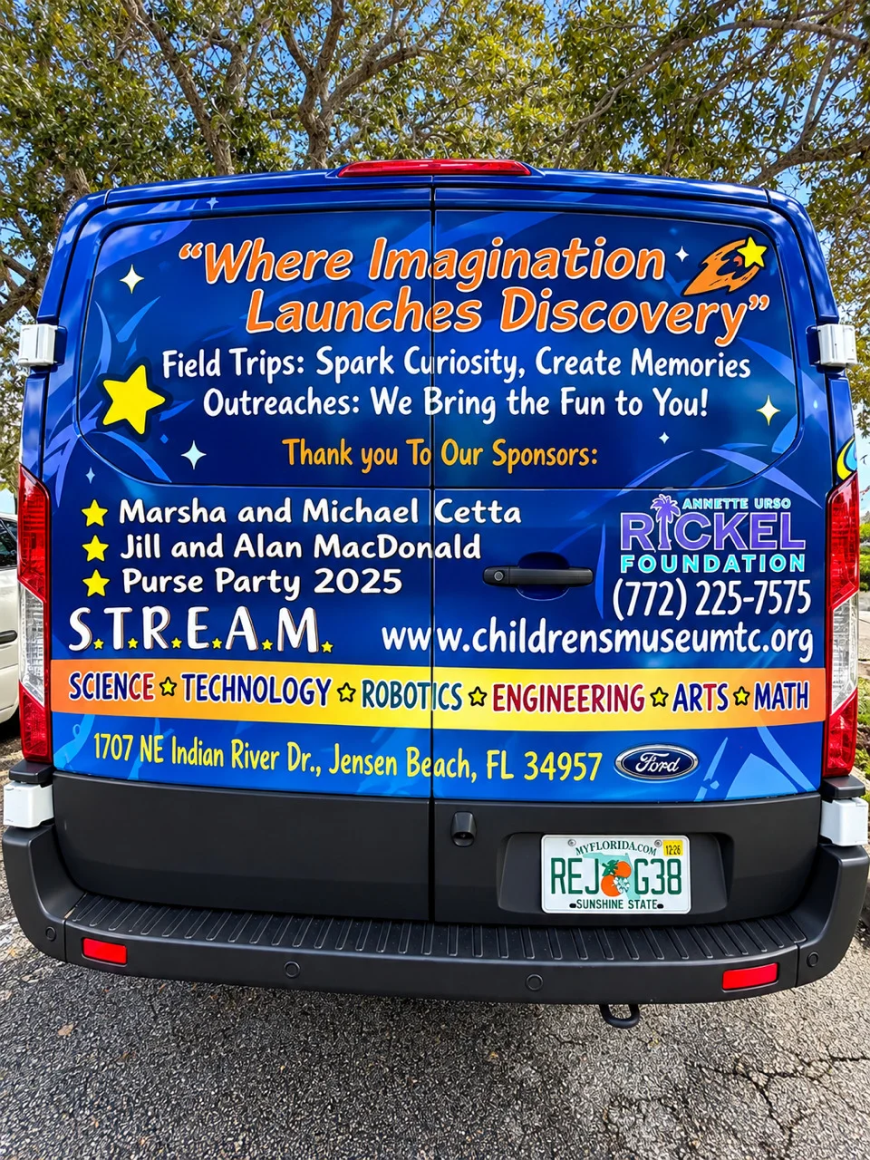 The rear doors of the Children’s Museum of the Treasure Coast Mobile Museum van, thanking sponsors including the Annette Urso Rickel Foundation
